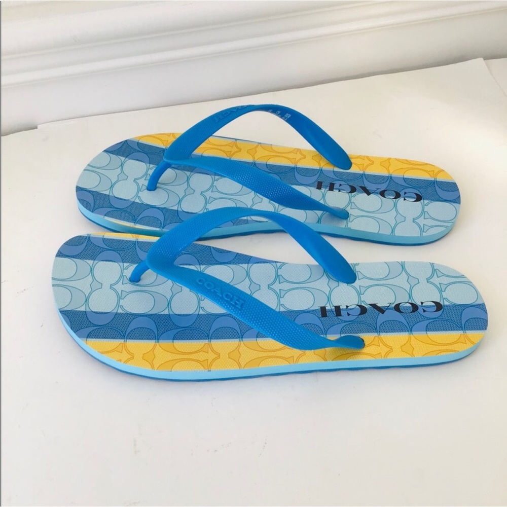 Coach NEW Zak Signature Vibrant Blue and Yellow Flip Flops Sandals-NWT InPackage - Picture 11 of 12